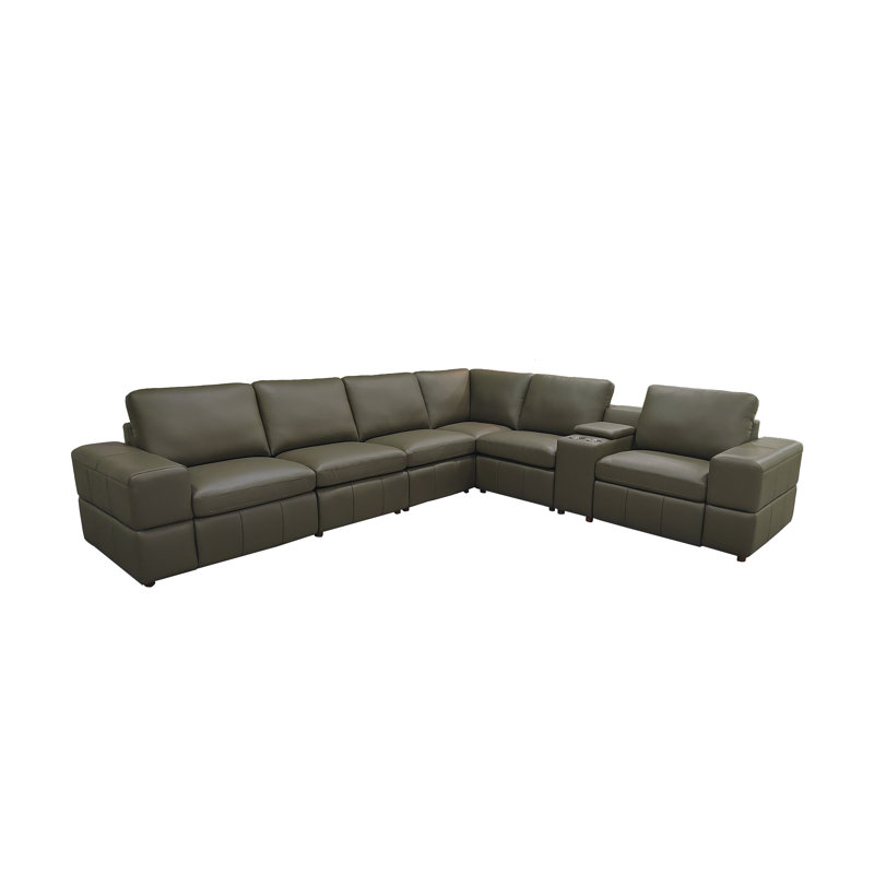 Thameskinsbury Leather Match Reclining Modular Sectional, Olive Leather Match