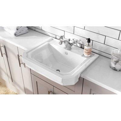 White Stone Courtez 550mm L x 550mm W White Ceramic Rectangular Sink with Overflow
