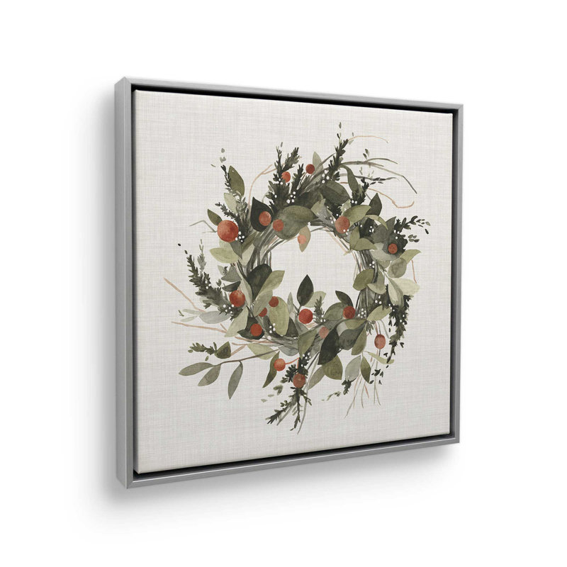 Impression sur toile « Couronne de Noël aux baies II » (40,6 cm x 40,6 cm) dans un cadre blanc, Cadre argenté