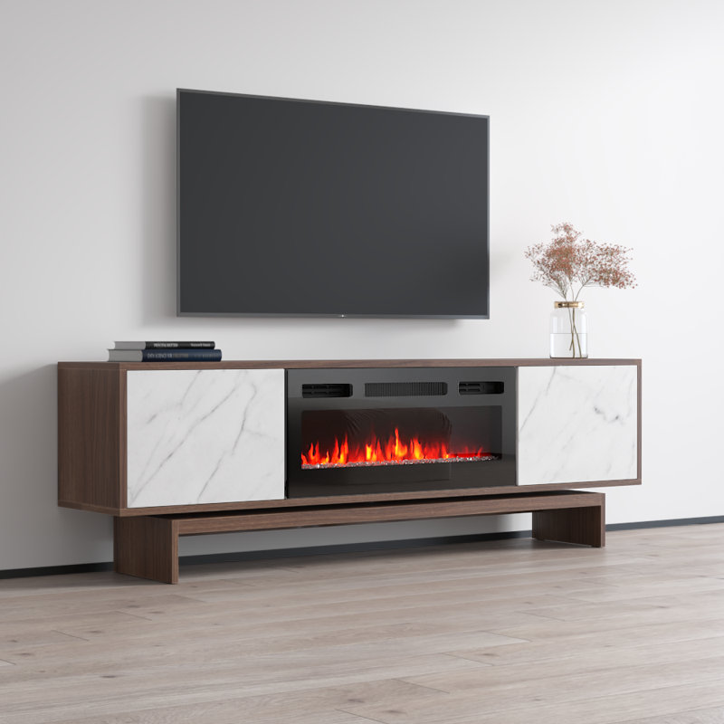Calab 70.9" Modern TV Stand with Electric Fireplace, Matte Finish, Media Storage, Walnut/White/Black 