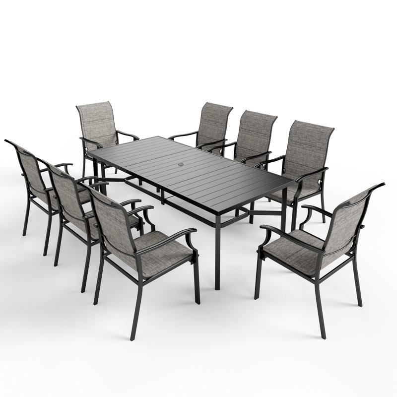 9Pcs Rectangle Outdoor Patio Dining Set  Heavy Duty Metal Table With Sling Chairs