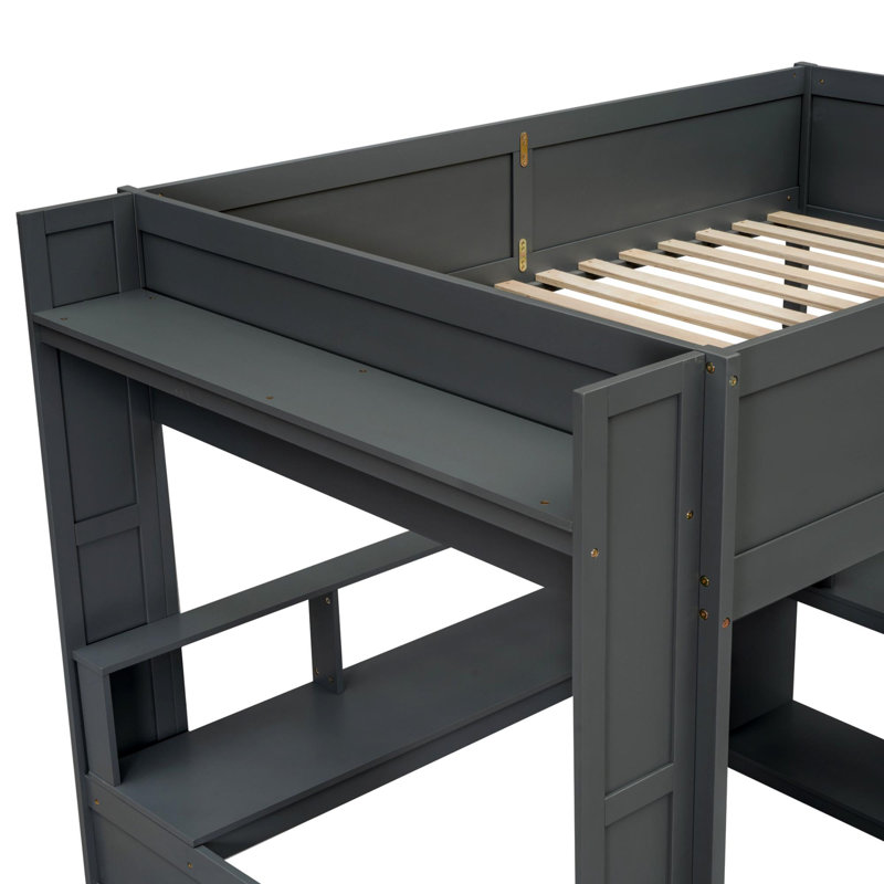 Lit mezzanine double en bois avec bureau, tablettes multiples, DEL et station de charge, gris foncé (ancien SKU: SM000374AAE)