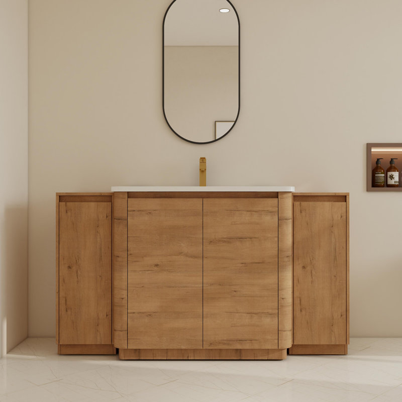 Ensemble de meuble-lavabo simple autoportant 60 po avec lavabo en céramique et tablettes réglables 60 po, Imitative Oak, 60"