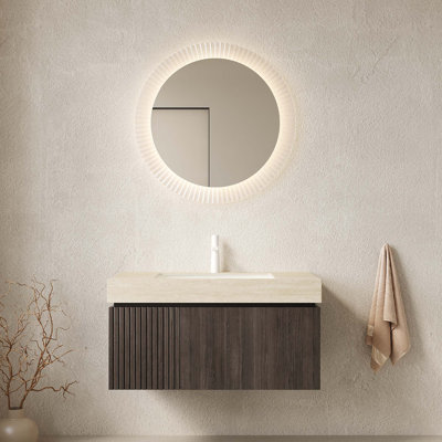 Meuble-lavabo et lavabo 36 po, armoire de rangement en contreplaqué flottant avec tiroir et porte, comptoir en pierre frittée Roma Travertine et lavabo en céramique avec 1 trou de robinet pré-percé, pré-assemblé