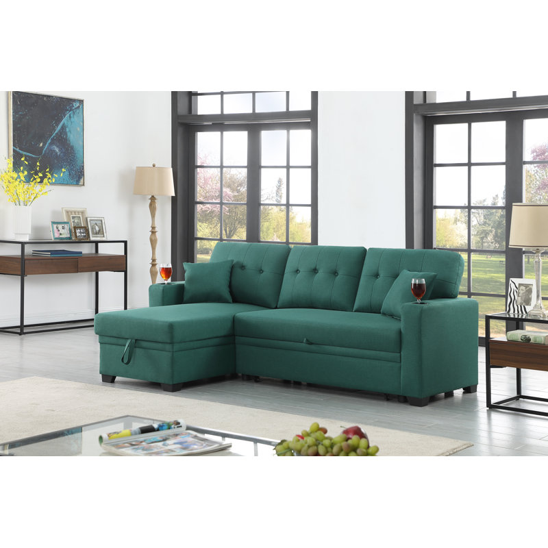Upholstered L-Shaped Sectional Reversible, Green Polyester Blend