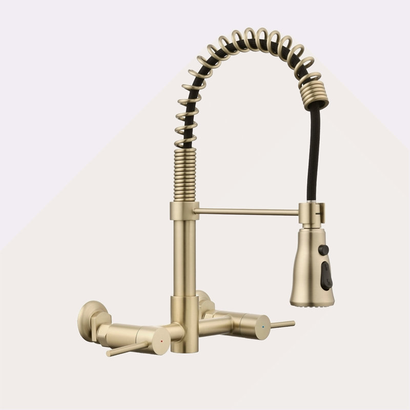 3 Functions Wall Mounted Bridge Kitchen Faucet, Brushed Gold