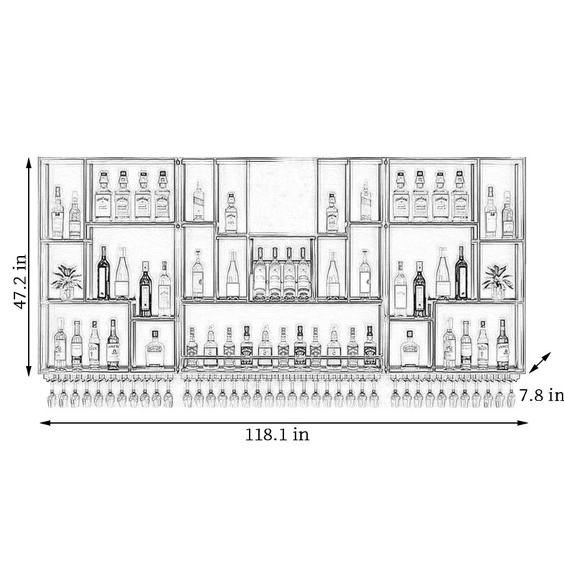 Support à vin mural en métal, Doré, H 47,2 po x l 118,1 po x P 7,8 po