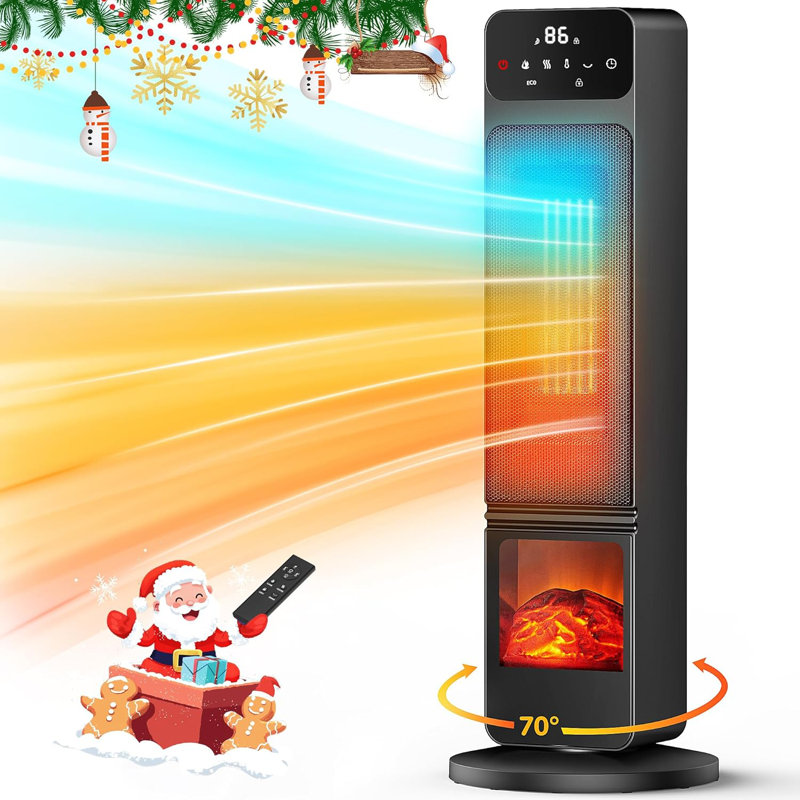 Tower Heater and Fan Combo, 1500W PTC Space Heaters for Indoor Use W/ 3D Flame