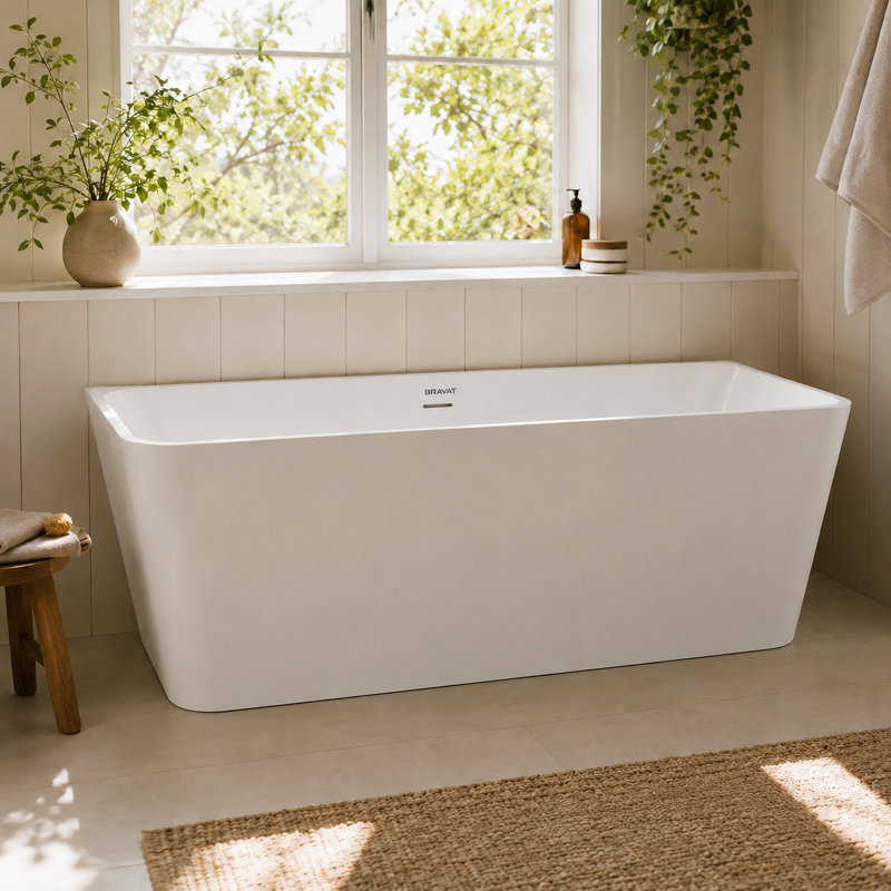 Freestanding Soaking Acrylic Bathtub with Drain, Overflow, and Glossy White Finish 67" Depth x 32" Width