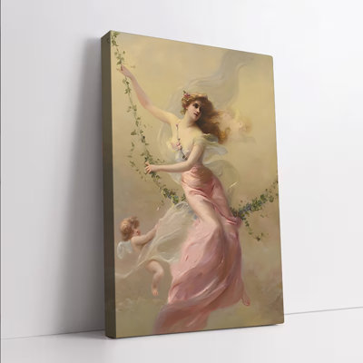 1Pc Wall Arts Posters Framed, Vintage Classical Art Print of Goddess with Cherub Angel, Romantic Floral Vine Decor, Soft Pastel Colors Canvas Wall Art for Living Room Bedroom, Elegant Victorian Style Home Decoration, Ready to Hang
