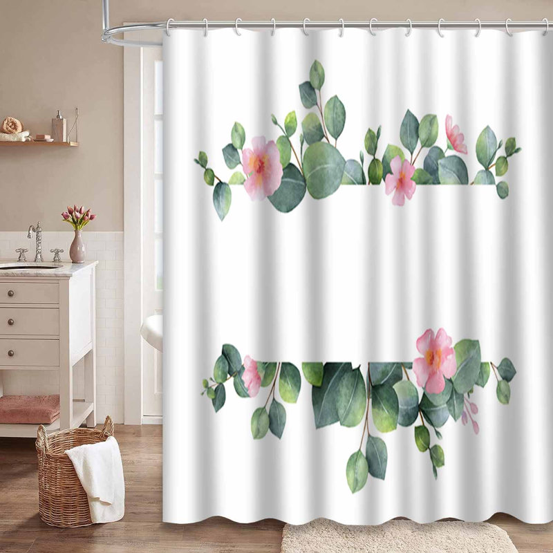 Bannière aquarelle florale verte, eucalyptus, fleurs roses, herbes blanches et 12 crochets, L 72 po x l 84 po