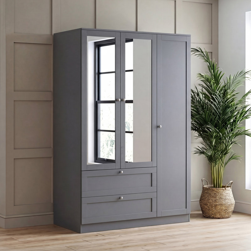 Tasneem 3 Door 2 Drawer Mirrored Wardrobe with Hanging Rail and Storage Shelf Modern Bedroom Clothes Storage Cabinet, Grey 