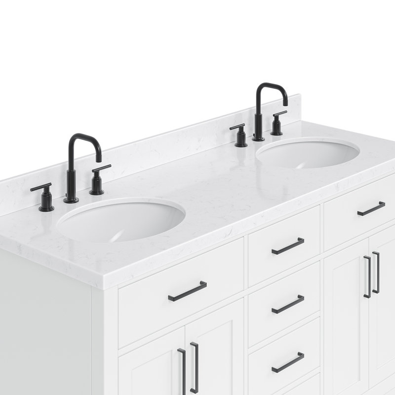 Thornaby  Solid Wood Double Bathroom Vanity with 1.5'' Carrara Quartz Top, White / Matte Black, Oval