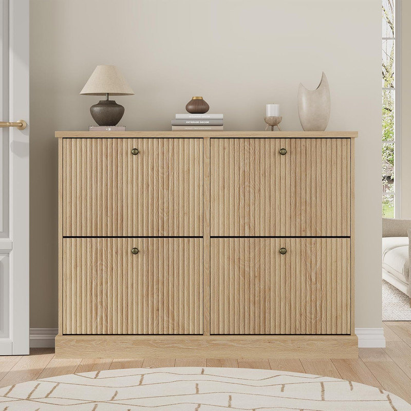 Range-chaussures cannelé avec 4 tiroirs rabattables, range-chaussures étroit en bois avec tablettes réglables pour le vestibule