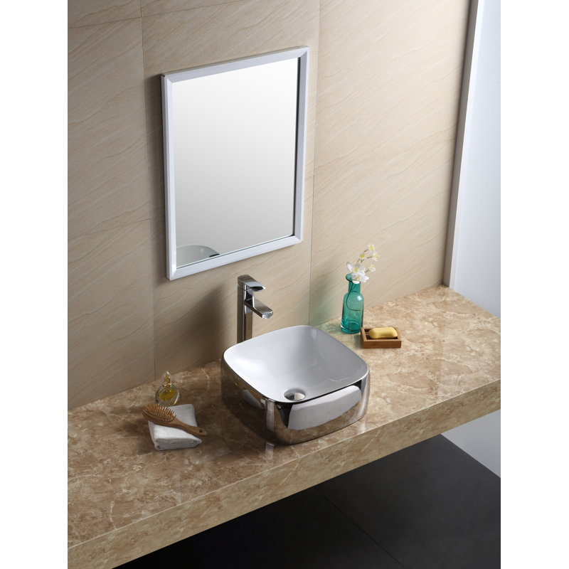 Modern Vitreous China Square Vessel Bathroom Sink, Chrome