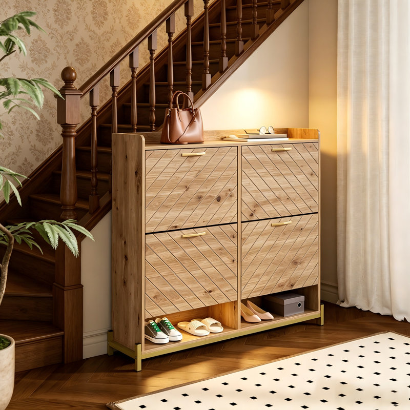 Wetherly Modern 20 Pairs Shoe Storage Cabinet With 4 Flip Drawers,Natural Style for Hallway Entryway
