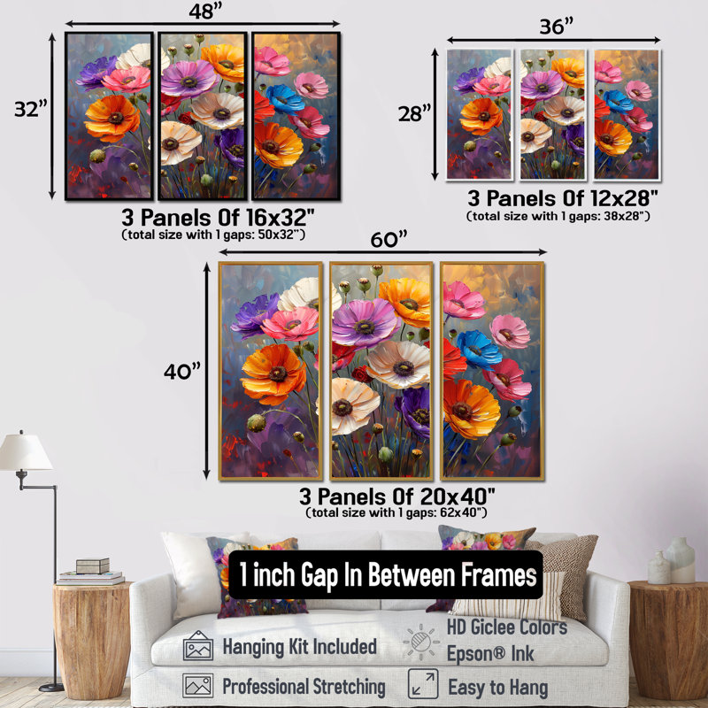 Thornbury - Ensemble de décoration murale coquelicots, H 28 po x l 36 po x P 1 po, Toile avec cadre flottant or