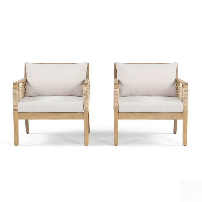 Patio Acacia Wood Club Chairs Set Of 2 With Hand-Woven Twist Rope For Backyard, Poolside