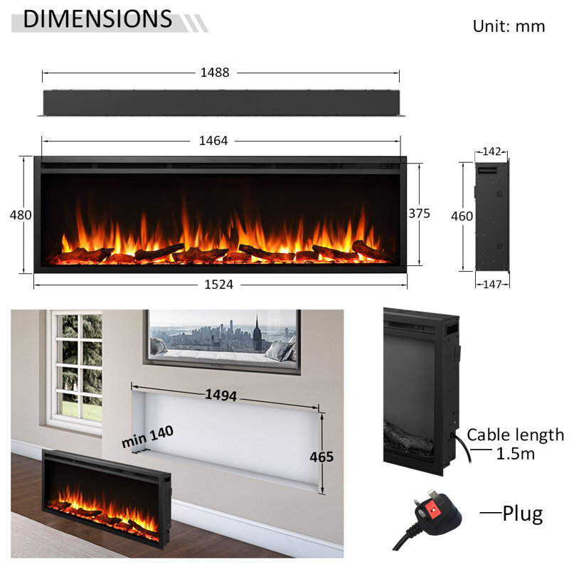 CASTELLO FLAMME Stainless Steel Electric Fireplace Insert, 48"H x 152"W x 14.7"D