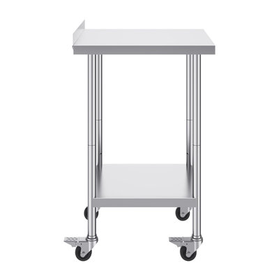 SUS201 Stainless Steel Work Table 24 x 24 Inch 1 Piece Silver with 4 Swivel Casters with Backsplash