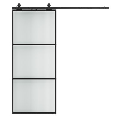 38" x 84" Metal and Frosted Glass Sliding Barn Door with Installation Hardware Kit ( Soft-close Included)