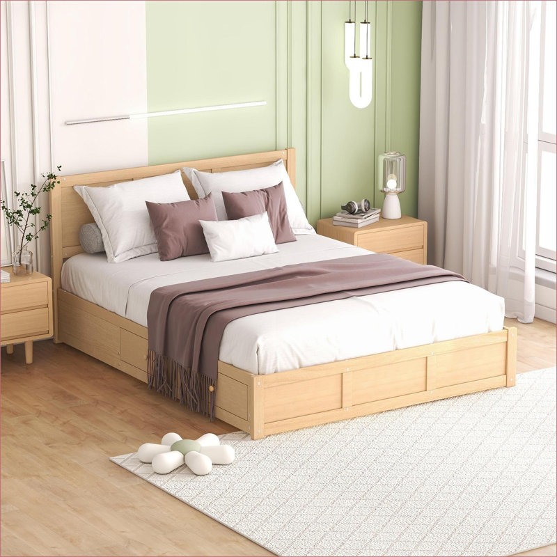 Grand lit plateforme de rangement en bois de pin sans sommier nécessaire Capacité de 600 lb couleur de bois pour la chambre à coucher