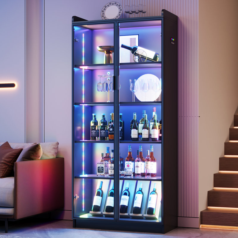 65" H Display Cabinet with Glass Doors and RGB Light, Black