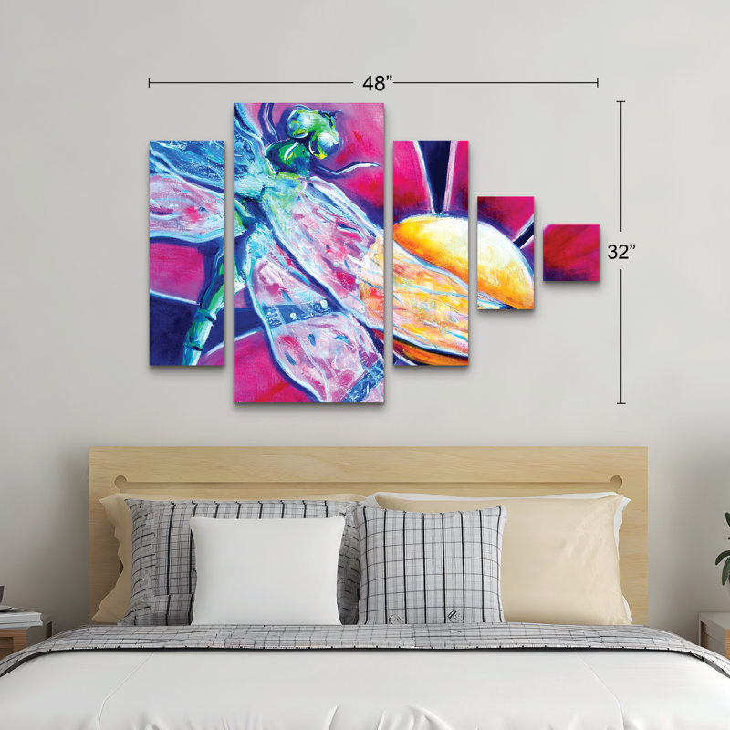 Ensemble de 5 panneaux muraux - Deborah Broughton «Flower Pink Daisy Dragonfly», art mural sur toile pour le salon, la chambre à coucher ou le bureau 