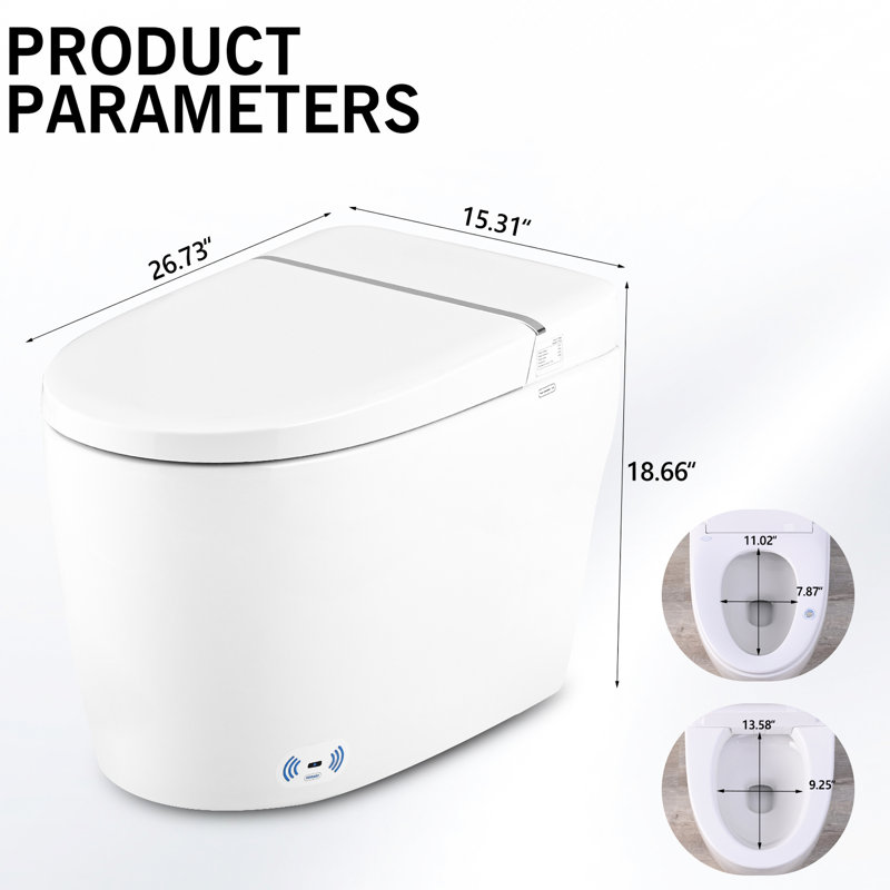 Toilette intelligente avec siège de nuit, siège chauffant, buse autonettoyante, séchage à l'air chaud, chasse d'eau, bouton latéral en céramique à chasse automatique et fermeture en douceur