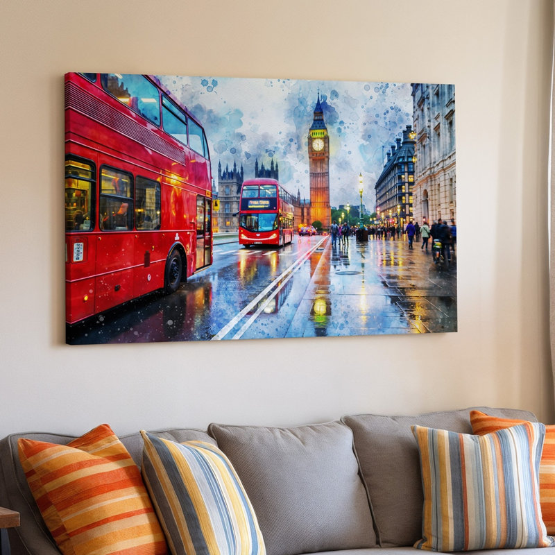 Toile «A Vibrant City Scene In London» avec deux bus rouges emblématiques de l'art mural rouge placés au premier plan, art mural reflétant sur toile