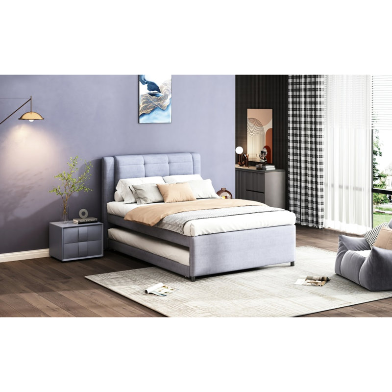 Lit plateforme tapissier gris avec lit gigogne maniable - Taille moderne en gris élégant. Bois de pin massif. Pas de sommier tapissier. Espace de détente