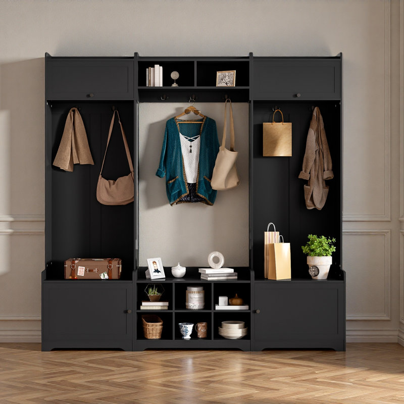 79.1''Wide Modern Hall Tree With Shoe Storage, 4-In-1 Entryway Bench With 8 Cubbies, 7 Coat Hooks & Adjustable Shelf For Hallway, Living Room