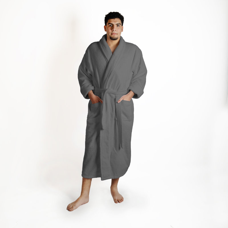 Peignoir mi-mollet 100% coton éponge avec poches, G / TG, Gris / argent masculin