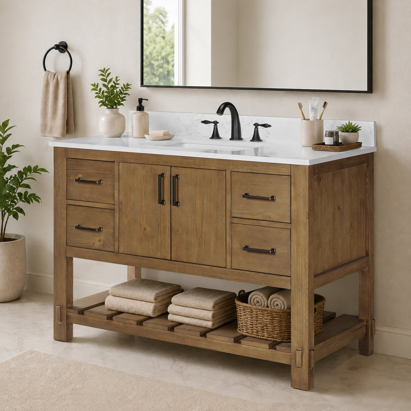 Meuble-lavabo Farmhouse de 48 po avec lavabo, bois massif, 4 tiroirs, 2 portes à fermeture en douceur, tablette de rangement ouverte, comptoir et dosseret en marbre 0,79 po, brun foncé
