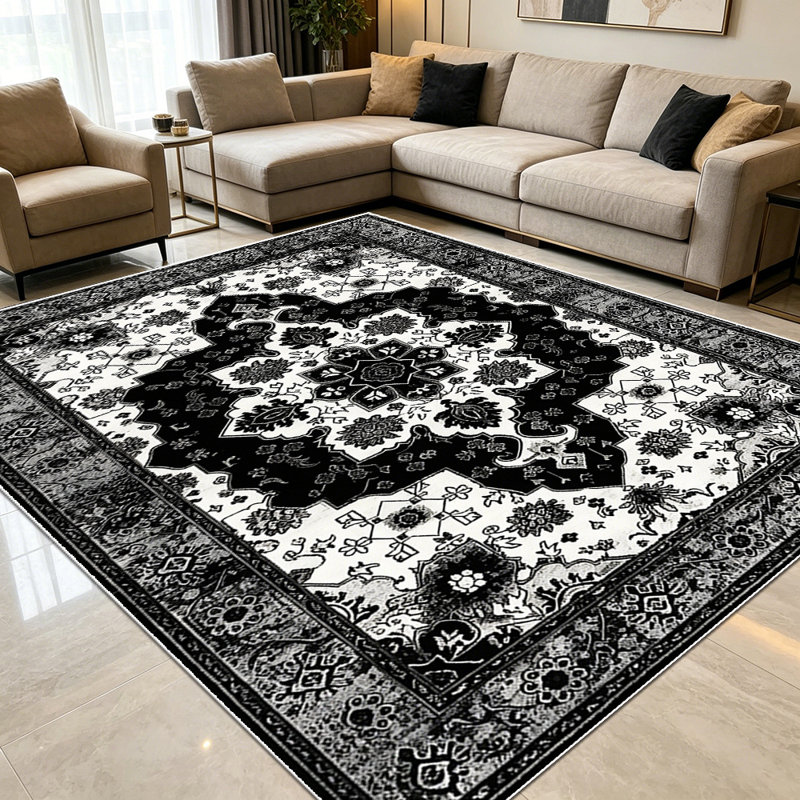 1PC Black and White Vintage Persian Floral Geometric area rugs for Living Room, Soft and Comfortable, Suitable for all seasons, easy-to-maintain, machine washable Indoor floor mat, Under Table Farmhouse suitable for dining area, entryway, bedroom.