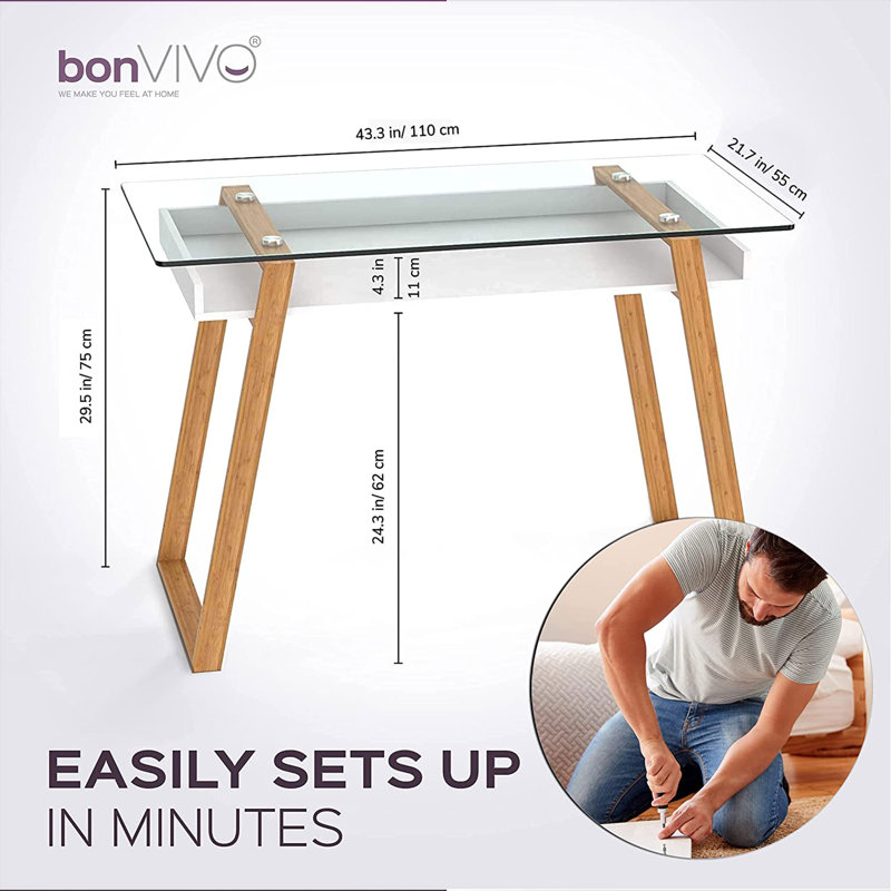 Massimo Glass Top Solid Wood Base Writing Desk