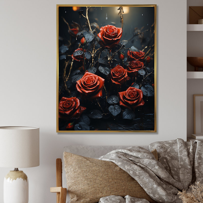 Midnight Mourningred Roses Bouquet - Roses, art mural, Cadre flottant doré, H 40 po x l 30 po x P 1,5 po
