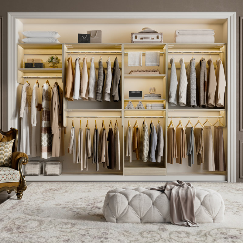 119.4" W Walk In Closet System with Shelf, Washed Oak