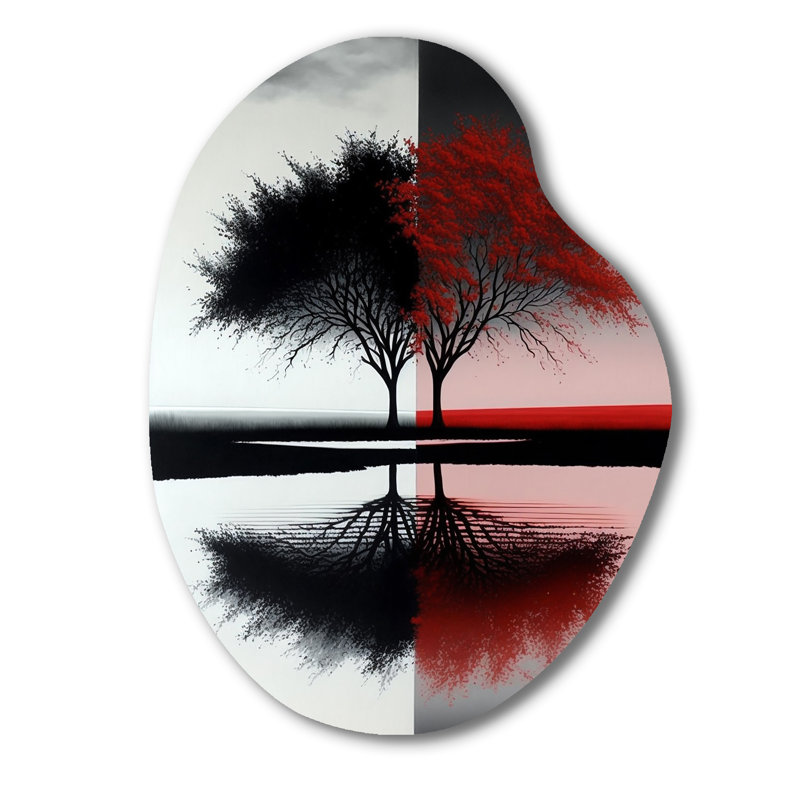 Arbres abstraits rouges et noirs au bord du lac - paysage de forêt en forme de poire, art mural métallique asymétrique