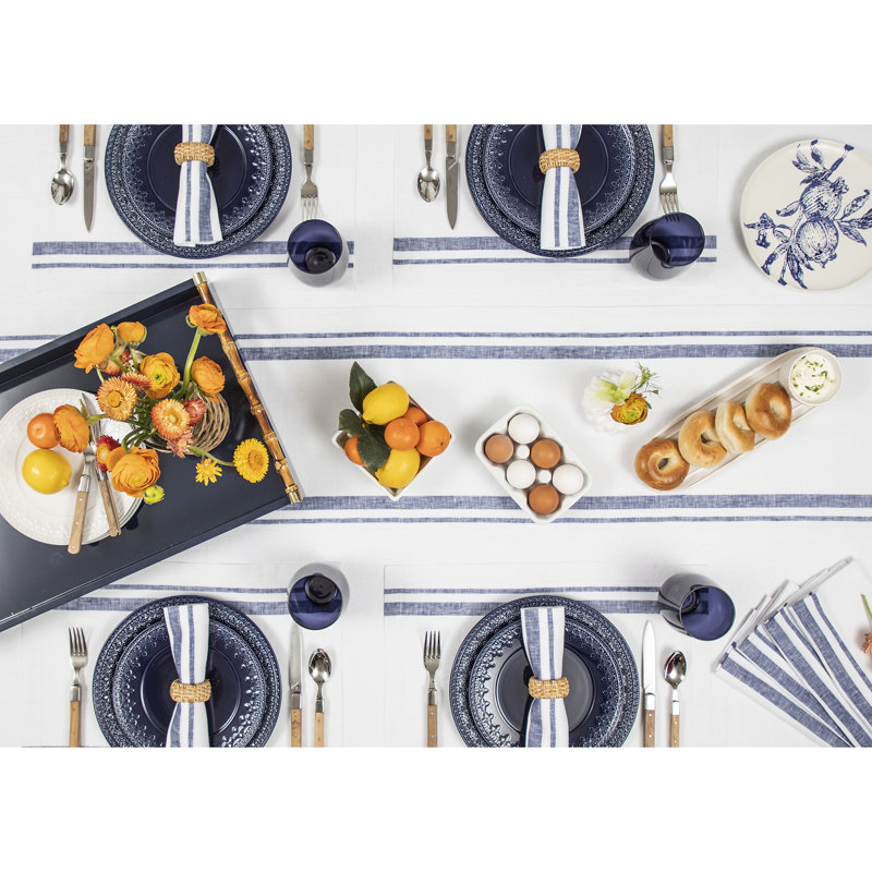French Stripe - 100% Pure Linen Table Runner, 108" x 14", Navy/White
