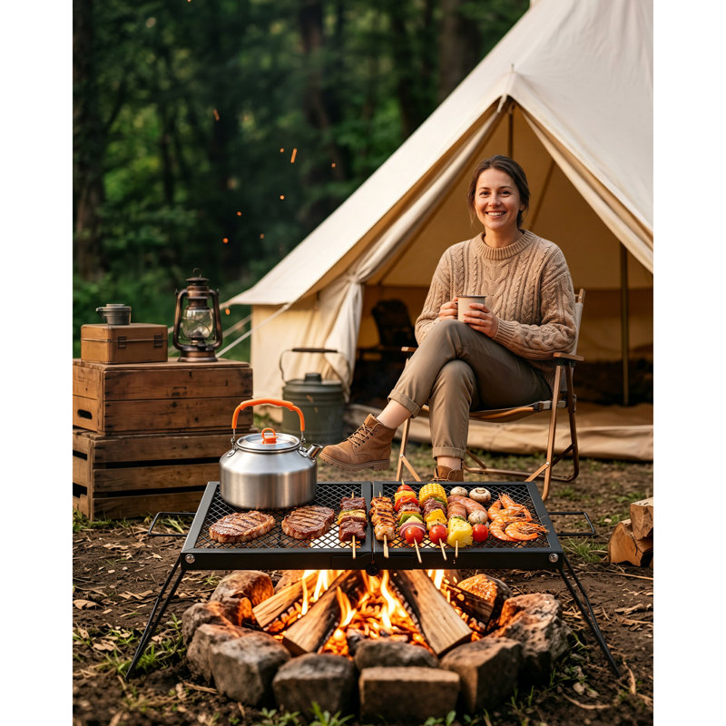 Heavy Duty Folding Campfire Grill, 24" Portable Camping Grill Grate, Sturdy Steel Mesh, Compact Equipment Over Fire Pit, with Legs and Handle, Grilling Rack for Outdoor Open Flame Cooking, Black