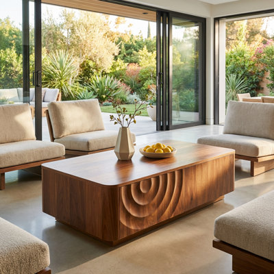 Modern Rectangle Coffee Table with Two Drawers and Unique Wave Texture Design