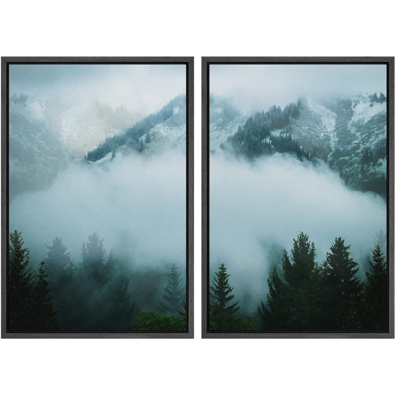 «Mist Over Green Mountain», reproduction de paysage, impression de paysage rustique sur toile, 2 pièces, Cadre flottant noir