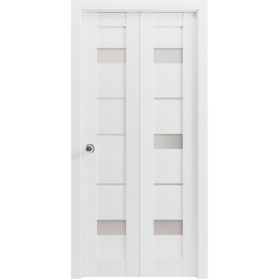 Sliding Closet Bi-fold Doors 84 x 96 in (2x 42x96) Quadro 4055 White Silk with Frosted Glass Sturdy Tracks Moldings Trims Hardware Set Wood Solid Bedroom Wardrobe Doors