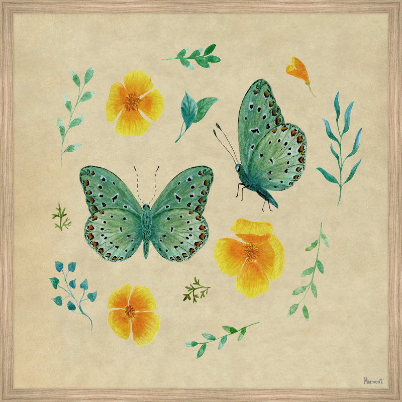 Flowers And Butterfly - Single Picture Frame Print, 30cm H x 30cm W x 3.81cm D