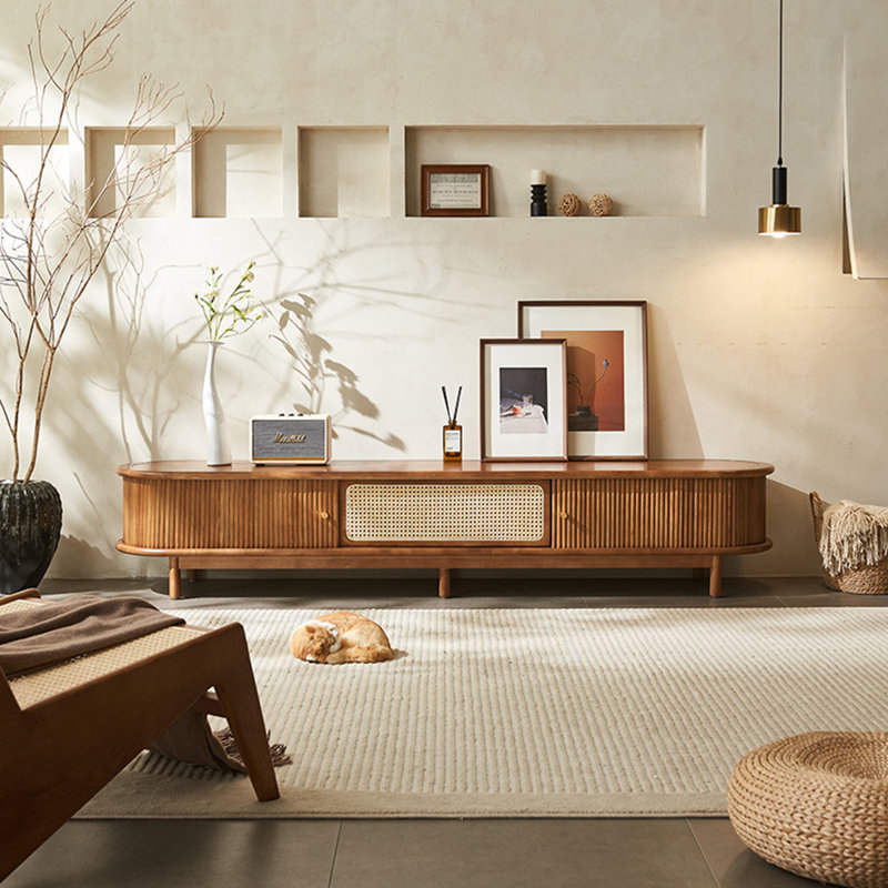 Meuble télé en bois de frêne de haute qualité avec tiroir en rotin, H 14,96 po x L 70,86 po x l 16,53 po, Brun