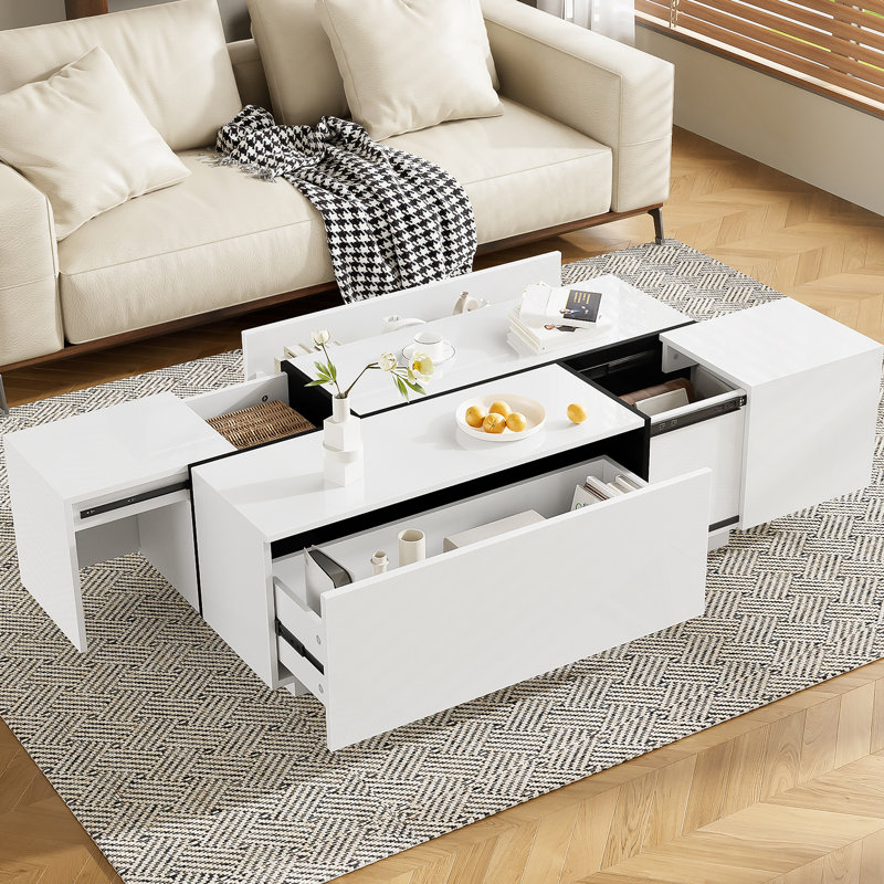 Table basse extensible de 47,2 po à 72,7 po, table basse multifonctionnelle avec finition ultrabrillante, table basse avec 2 espaces de rangement cachés et 2 tiroirs pour le salon
