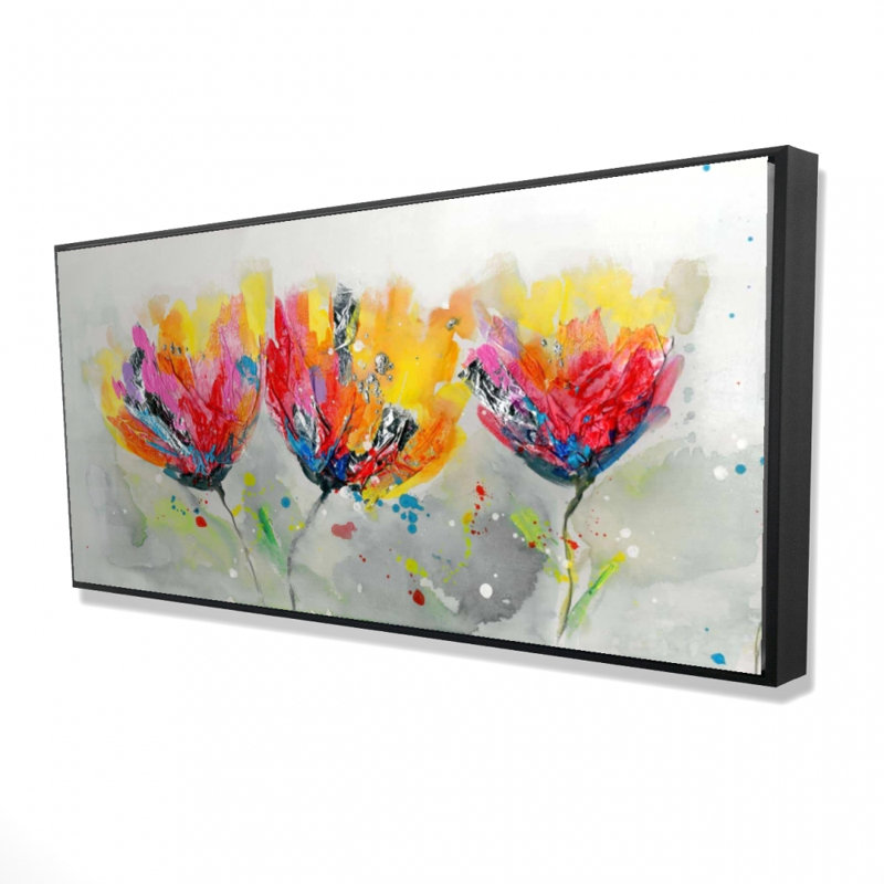 Four colored flowers on gray background - 24"x48" Framed canvas