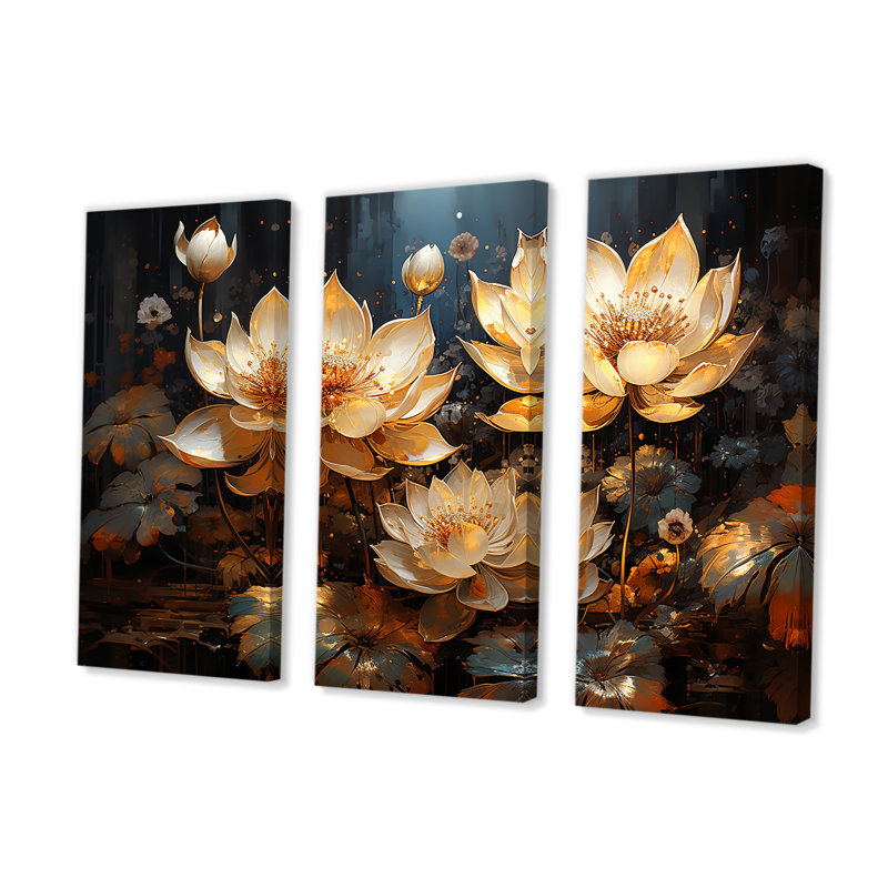 Golden Lotus Tranquility III - lot d'art mural lotus, H 40 po x l 60 po x P 1 po