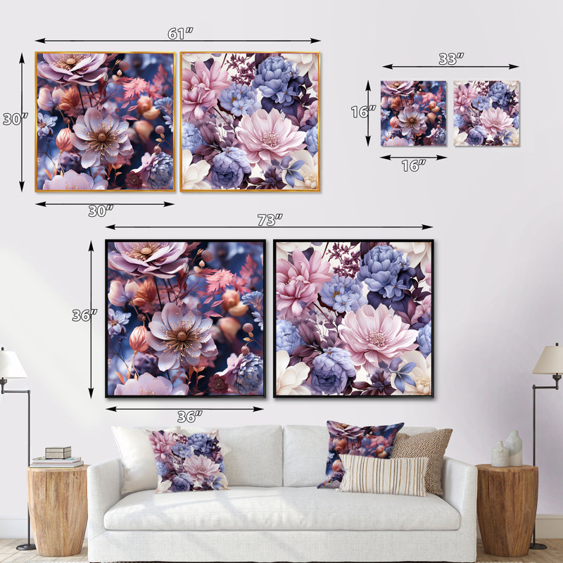 Baguenaudiant - Ensemble de 2 collages carrés floraux, Cadre flottant noir, H 16 po x l 33 po